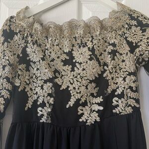 Black Off the Shoulder Maxi with Slit & Gold Embroidery